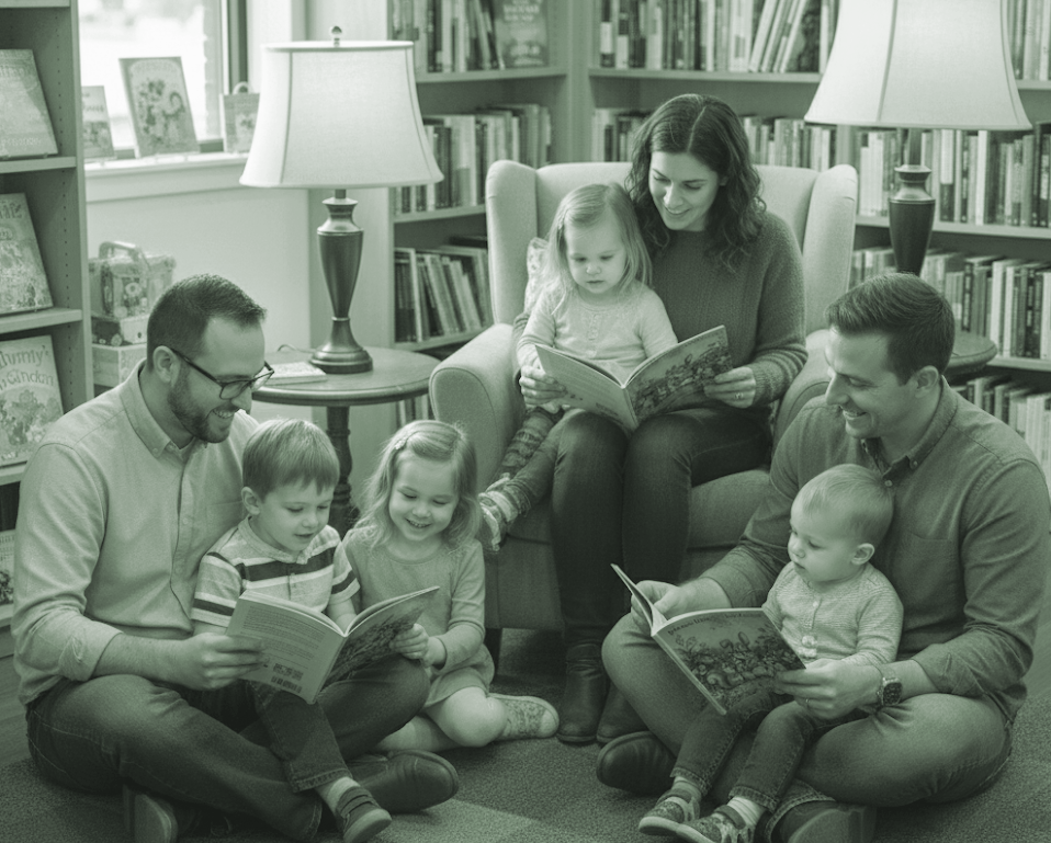 Families reading together in a cozy library setting